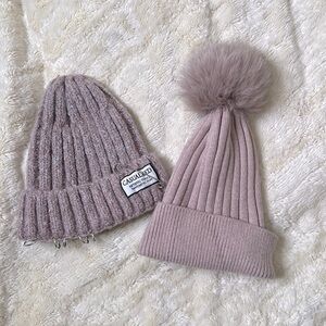2pcs pink knit beret bundle with big faux fur pompom & silver ring embelishments